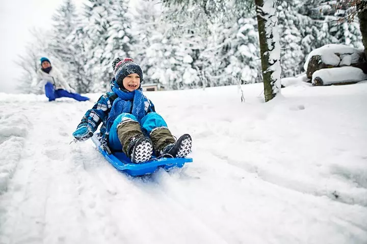 Mini sledding hills, snow activity for preschoolers