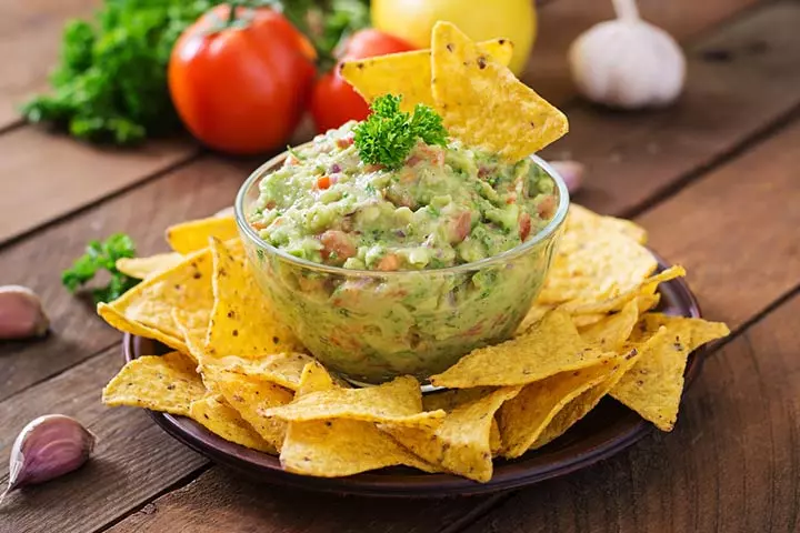 Guacamole and tortilla chips healthy snacks for kids