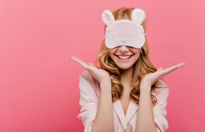 Woman with eye mask for doing blindfold makeover