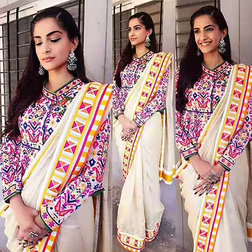 Sonam Kapoor in a Kutch blouse and a raw silk saree Sonam Kapoor in a Kutch blouse and a raw silk saree