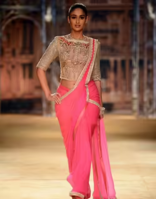 Ileana D'Cruz with a glossy pink lace and georgette saree with sequin blouse Ileana D'Cruz with a glossy pink lace and georgette saree with sequin blouse