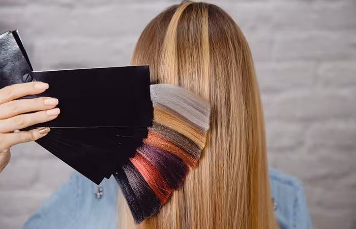 Woman choosing shades for oil slick hair