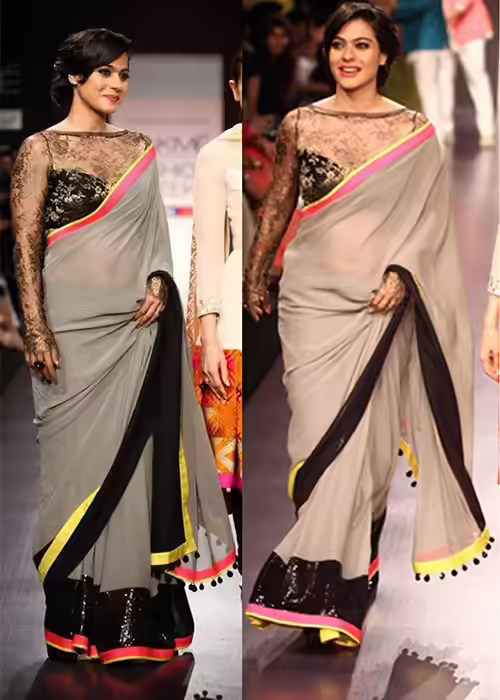 Kajol in a plain gray and black bordered saree with Chantilly lace blouse Kajol in a plain gray and black bordered saree with Chantilly lace blouse