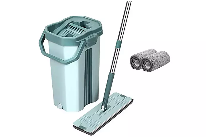 UPC Hands-Free Squeeze Microfiber Flat Spin Mop With Bucket