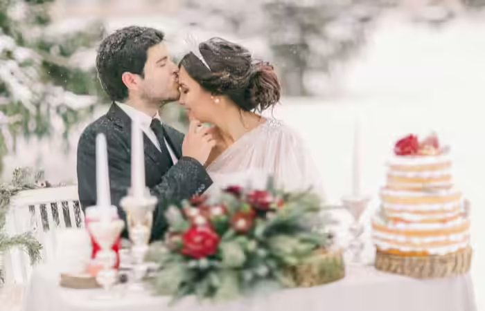 Winter wedding reception with a snowy landscape Winter wedding reception with a snowy landscape