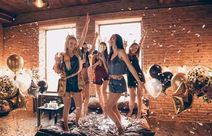 Close friends having a fun bachelorette party at home