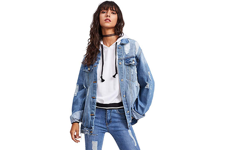 Floerns Women's Ripped Distressed Casual Long Sleeve Denim Jacket