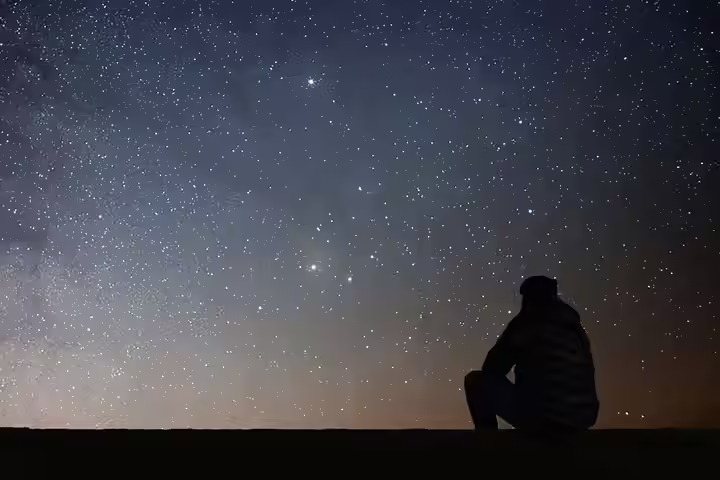 A mother is pointing at the night sky to show her child the stars.