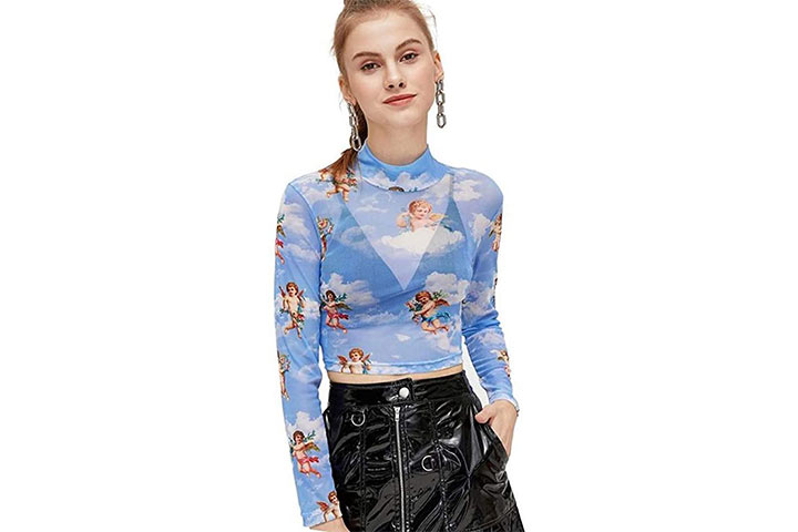 SweatyRocks Women's Long Sleeve Mock Neck Angel Print Sexy Sheer Mesh Crop Top