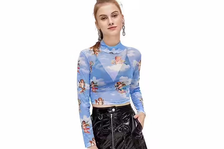 SweatyRocks Women's Long Sleeve Mock Neck Angel Print Sexy Sheer Mesh Crop Top