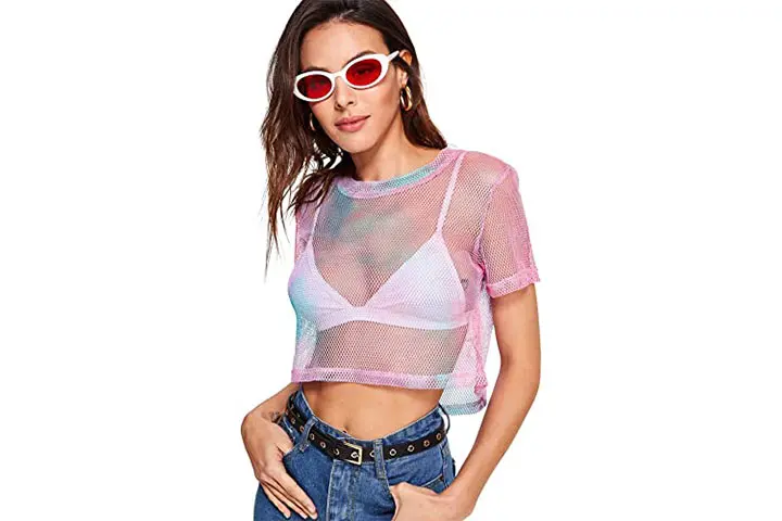 SweatyRocks Women's Sexy Sheer Mesh Fishnet Net Short Sleeve T-Shirt Crop Top