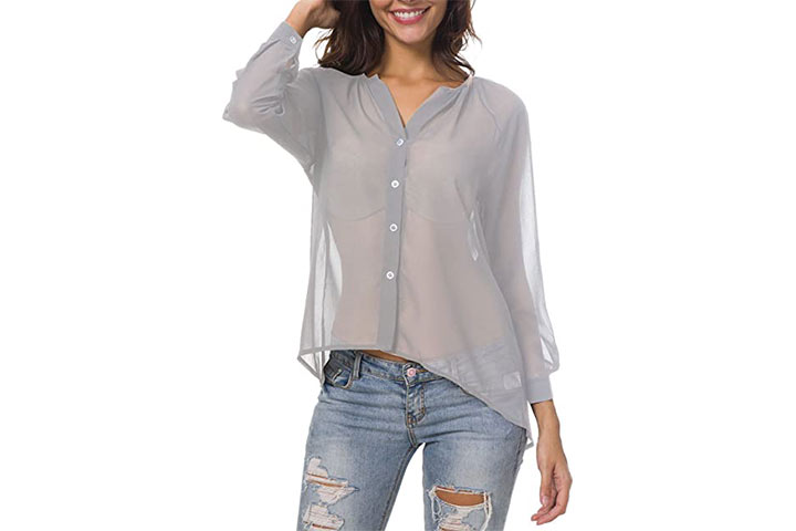 TIMEE Women's Sexy Sheer Long Sleeve Chiffon Blouses Tops Button Down Shirts S-XXL