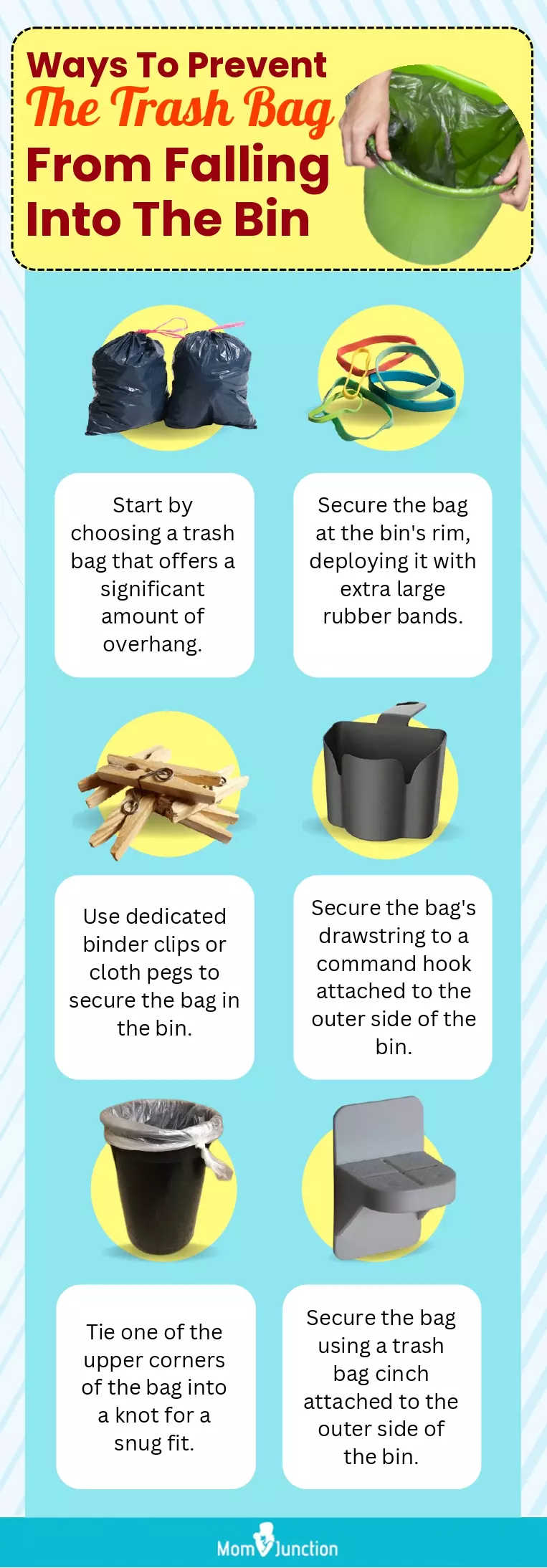 Ways To Prevent The Trash Bag From Falling Into The Bin (infographic)