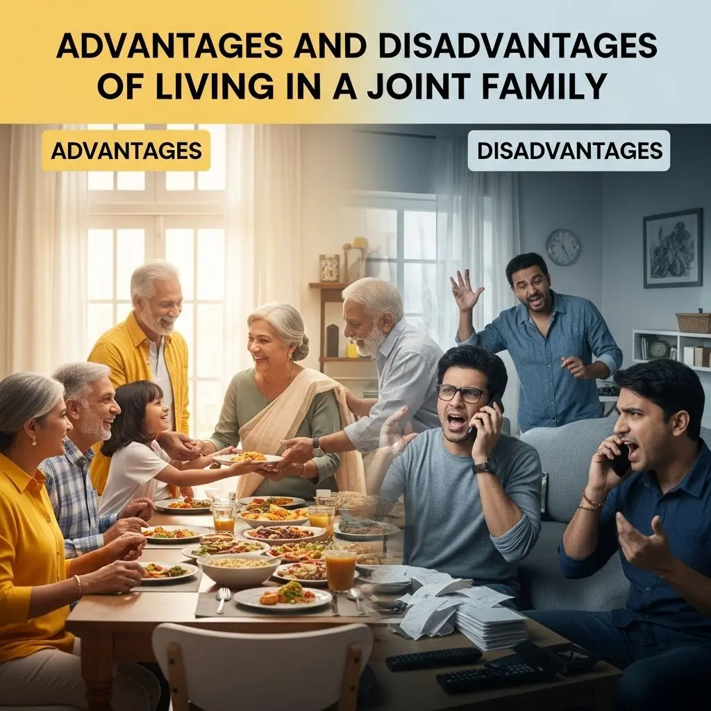 Explore the positive and negative aspects of joint family living and how it impacts personal, social, and emotional dynamics.