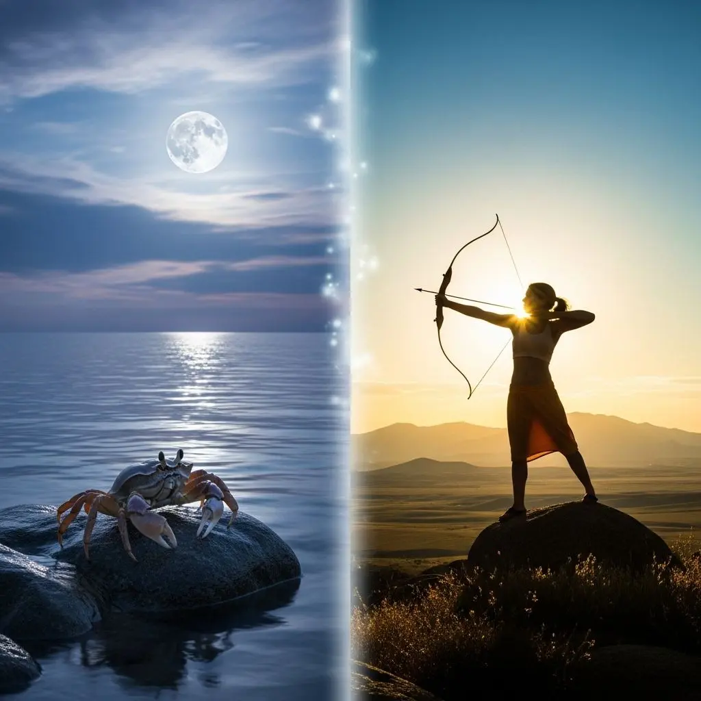 Uncover the complex dynamics between Cancer and Sagittarius in love, friendship, and daily life.