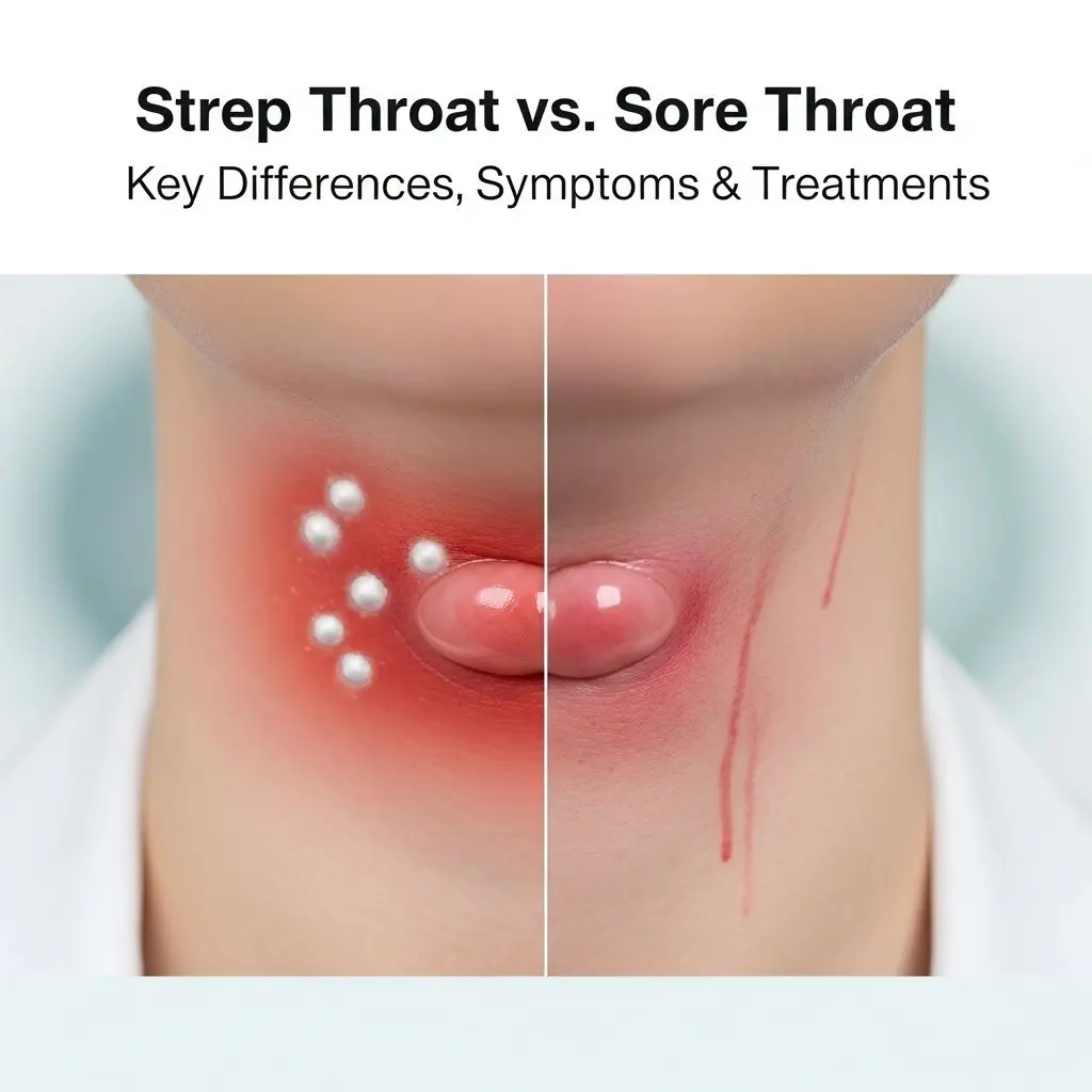 Learn how to distinguish between strep throat and a sore throat, their causes, symptoms, prevention, and treatments.