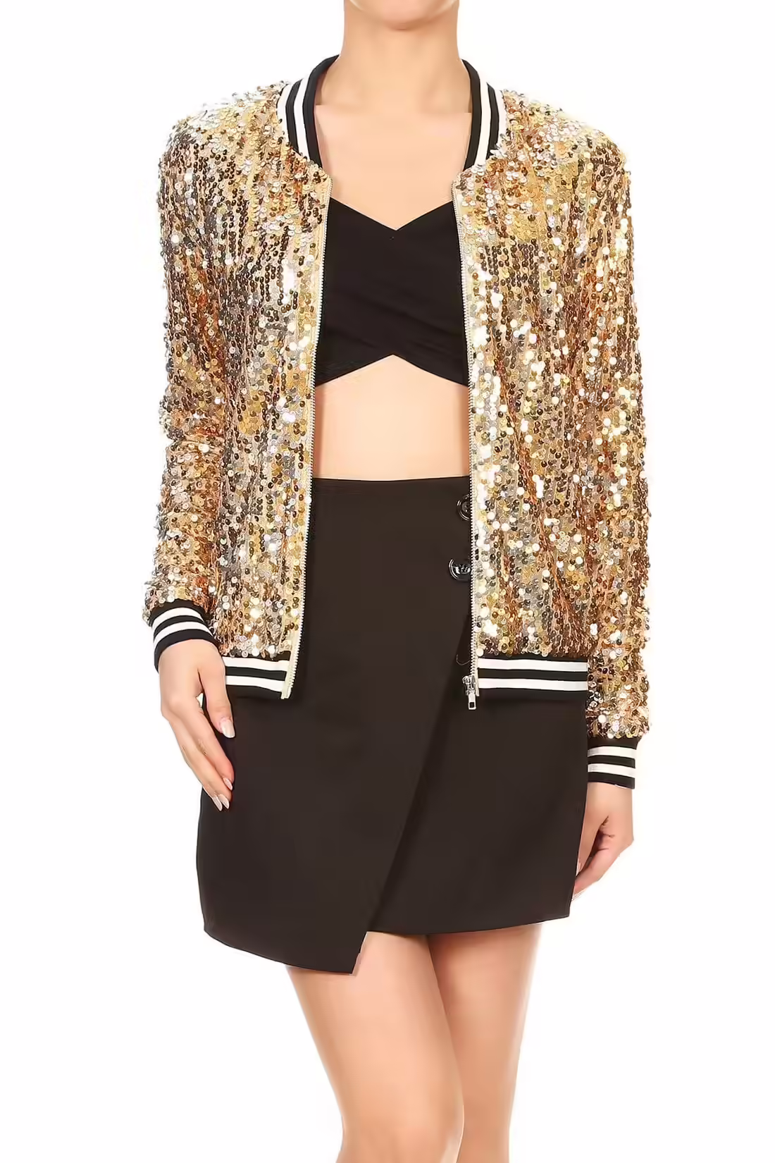 Anna-Kaci Women’s Sequin Long Sleeve Front Zip Jacket with Ribbed Cuffs