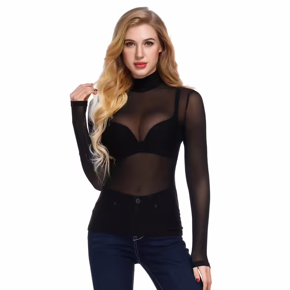 Kate Kasin Women’s Mesh Tops Long Sleeve Sheer Blouse Sexy Shirt High Neck Clubwear