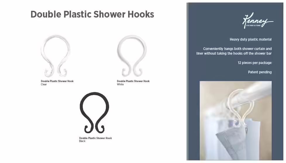 Kenny Smooth Plastic Double Shower Curtain Hooks