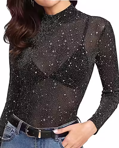 MANGOPOP Women’s Long Sleeve/Short Sleeve Glitter Sheer Mesh Top