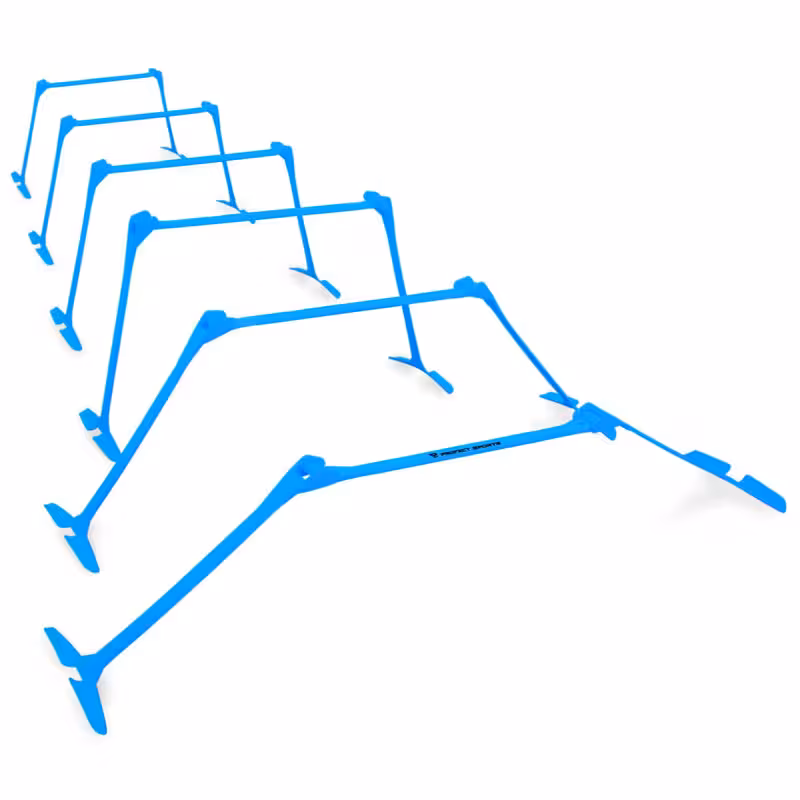 Pro Adjustable Hurdles and Cone Set ? 6 Agility Hurdles (6, 9 or 12 inch) with 12 Cones for Athletes, Soccer, Kids, Sports, Track and Field Speed Training Equipment ? Includes Mesh Carry Bag 6 Adjustable Hurdles with 12 Speed Cones Bright Blue
