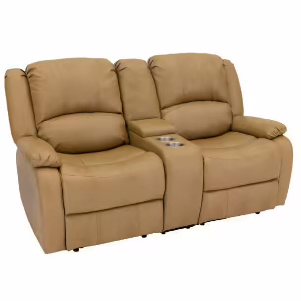 RecPro Charles Faux Leather Double Recliner RV Sofa and Console – Toffee
