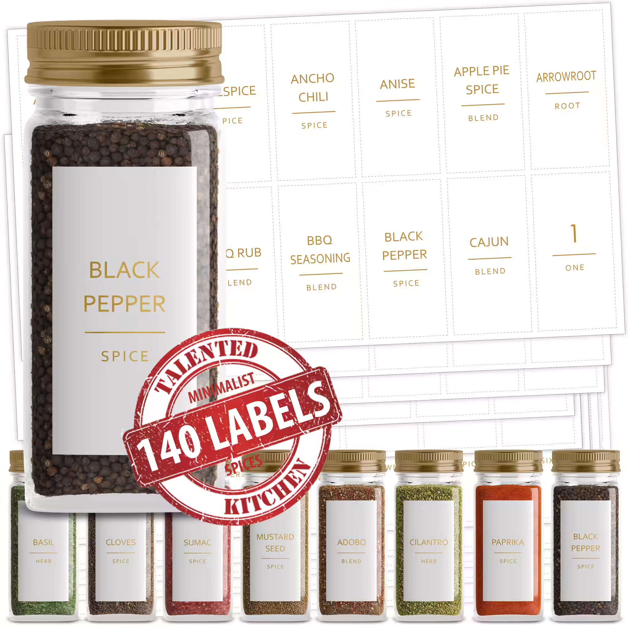 Talented Kitchen Gold Glass Spice Jars