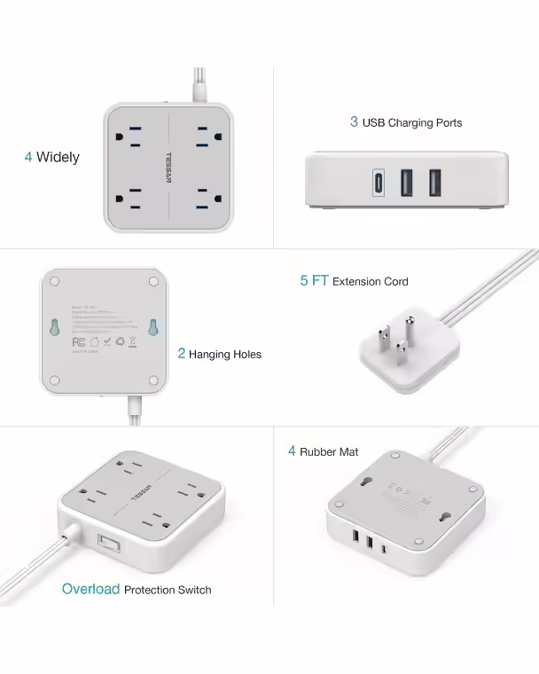 Tessan Mountable Flat Plug Extension Cord