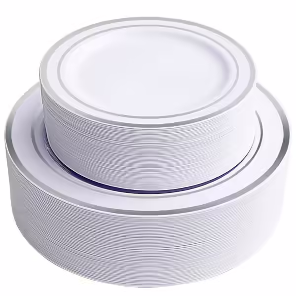 WDF Disposable Plastic Plates With Silver Rim